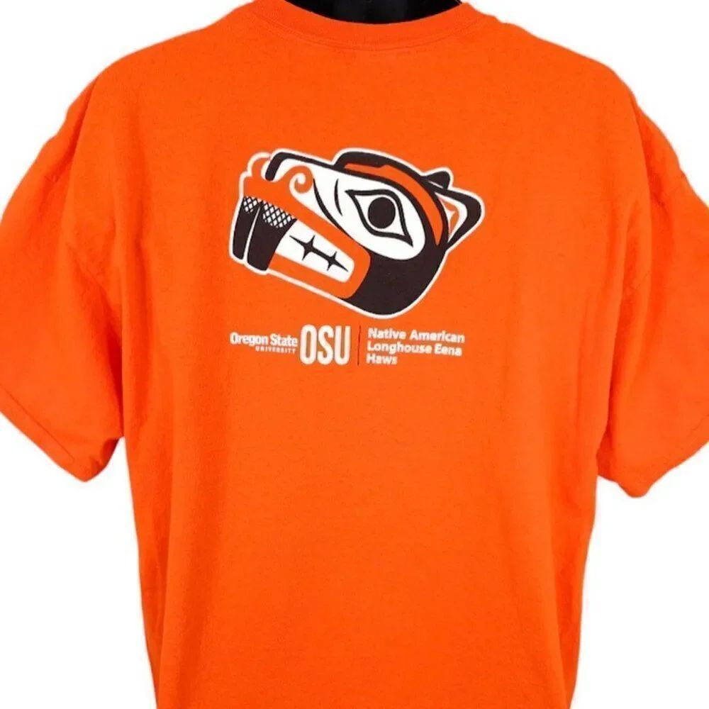 Oregon State Beavers T Shirt Mens Size 2XL Orange Native American Longhouse Eena